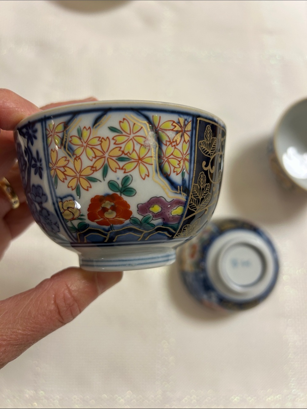 Japanese Arita Decorative Floral Porcelain Tea Cups  - Blue, White, Gold Accents image 3